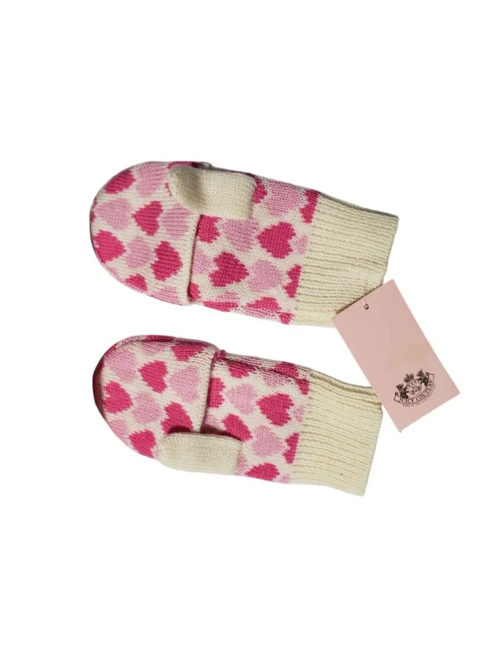 NEW Juicy Couture Girls 100% Merino Wool Mittens Cream Pink Heart Print with Box
